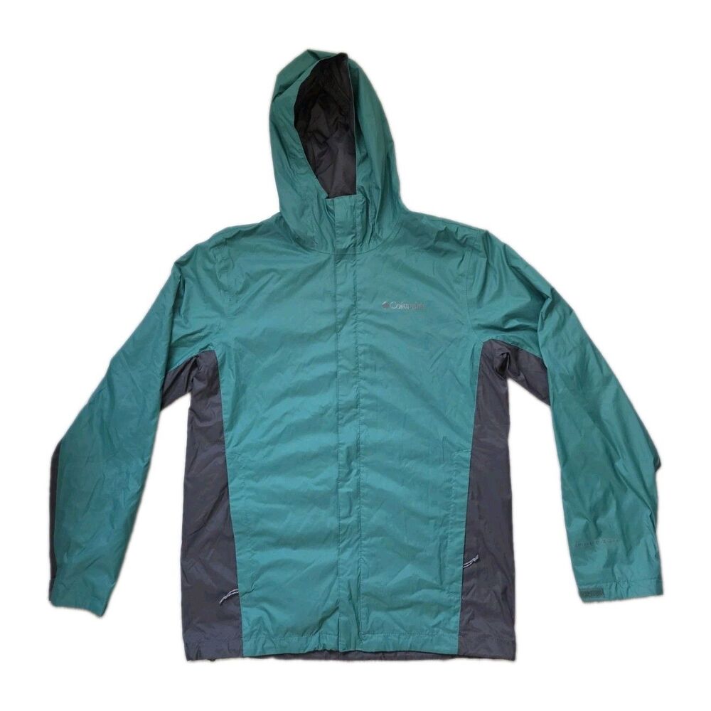Columbia Omni Tech Rain Jacket Hooded Green Gray Waterproof Shell Womens S EUC